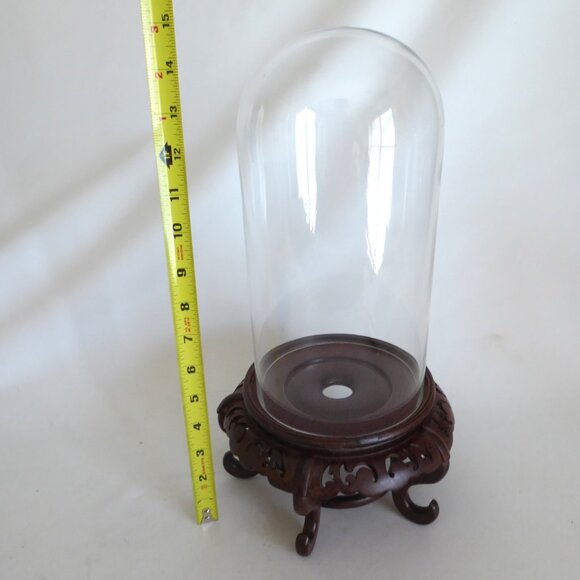 NEW 14.5” DECORATIVE GLASS CLOCHE DISPLAY DOME COVER HAND CARVED BROWN WOOD BASE - Picture 2 of 8